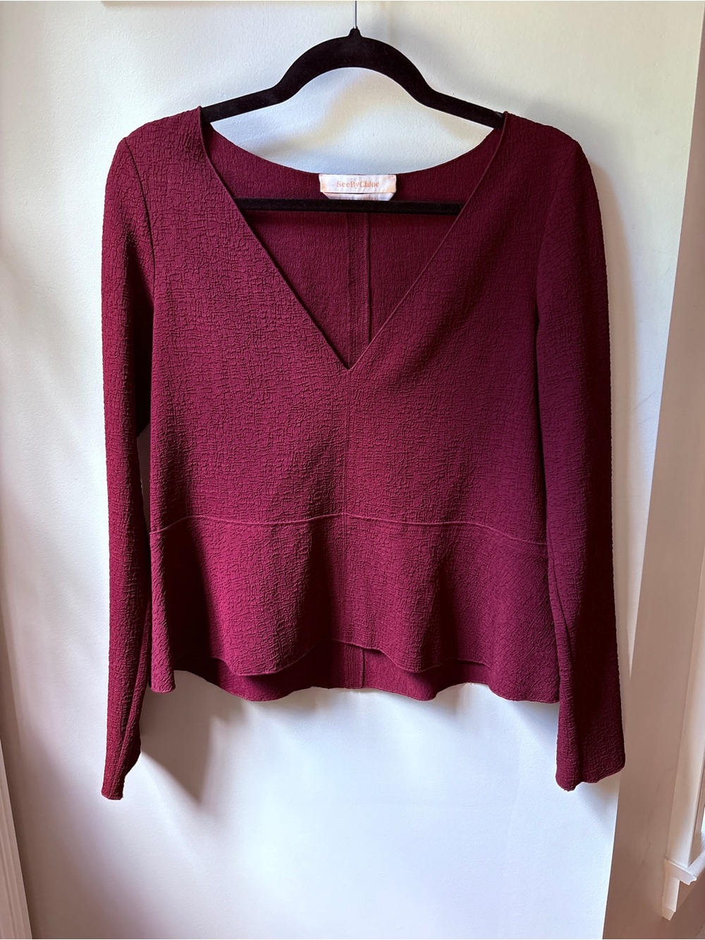See By Chloe Burgundy Deep V-Neck Long Sleeve Blouse